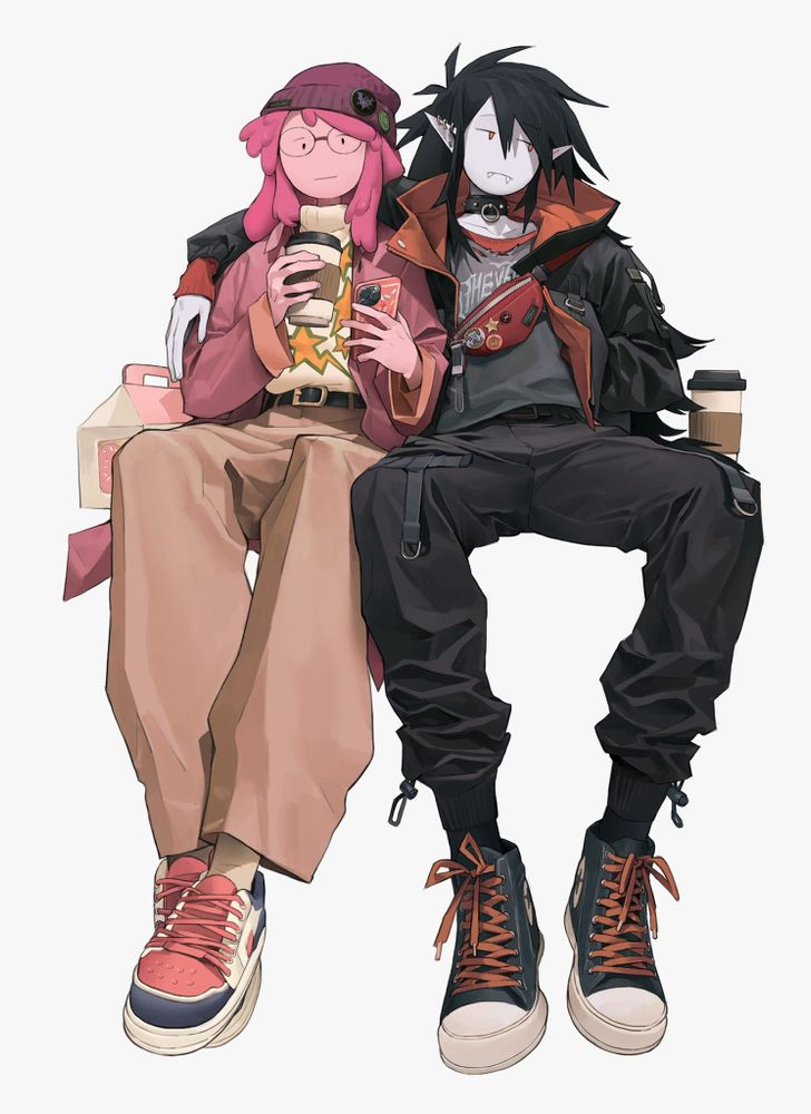 Danbooru tags: 2girls adventure_time arm_around_shoulder bag beanie black_hair casual choker colored_skin couple cup disposable_coffee_cup disposable_cup earrings fangs grey_skin hat highres jacket jewelry knifedragon marceline_abadeer multiple_girls pink_hair pink_skin pointy_ears princess_bonnibel_bubblegum satchel shoes sneakers vampire yuri