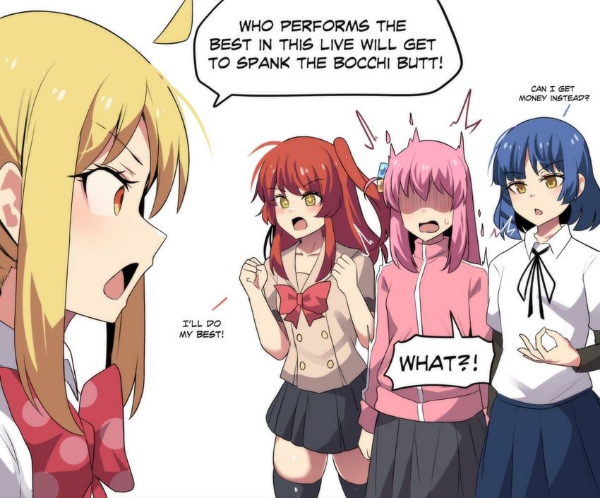 Danbooru tags: 4girls :d absurdres ahoge black_bow black_bowtie black_skirt black_thighhighs blonde_hair blue_hair blue_skirt bocchi_the_rock! bow bowtie clenched_hands collarbone commentary cube_hair_ornament detached_ahoge english_commentary english_text gotoh_hitori hair_between_eyes hair_ornament highres hinghoi ijichi_nijika jacket kessoku_band kita_ikuyo long_hair long_sleeves looking_at_another medium_hair money_gesture multiple_girls one_side_up open_mouth orange_eyes pink_hair pink_jacket pleated_skirt red_hair school_uniform serafuku shaded_face sidelocks simple_background skirt smile speech_bubble surprised sweatdrop thighhighs track_jacket triangle_mouth turtleneck turtleneck_jacket white_background yamada_ryo yellow_eyes yuri zettai_ryouiki