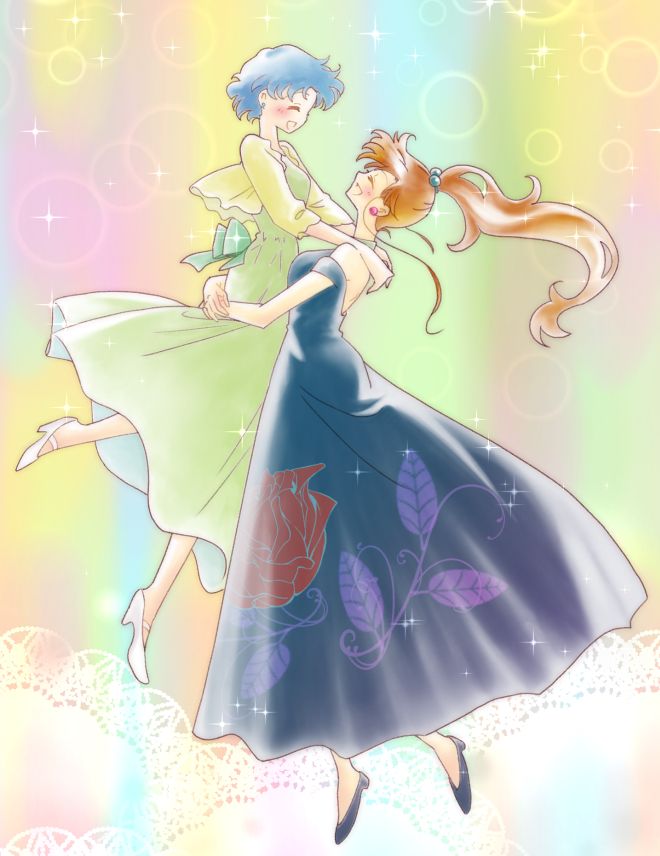 Danbooru tags: 2girls bare_shoulders bishoujo_senshi_sailor_moon black_dress black_shoes blue_hair brown_hair closed_eyes commentary_request cropped_jacket doily dress floating floral_print floral_print_dress from_side full_body green_dress hands_on_another's_shoulders hands_on_another's_waist happy jacket kino_makoto kobeya_(tonari_no_kobeya) laughing lifting_person long_dress long_hair mizuno_ami multiple_girls off-shoulder_dress off_shoulder ponytail print_dress shoes smile sparkle very_long_hair white_shoes yellow_jacket yuri