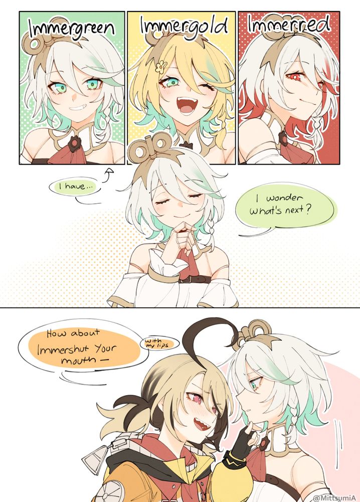 Danbooru tags: 2girls absurdres ahoge alternate_eye_color alternate_hair_color blonde_hair brown_hair cecilia_immergreen cecilia_immergreen_(1st_costume) comic english_text gigi_murin gigi_murin_(1st_costume) green_eyes green_hair grey_hair highres hololive hololive_english hood hoodie looking_at_viewer mittsu multicolored_hair multiple_girls multiple_persona open_mouth pink_eyes red_hair short_hair smile streaked_hair twintails two-tone_hair virtual_youtuber winding_key yuri