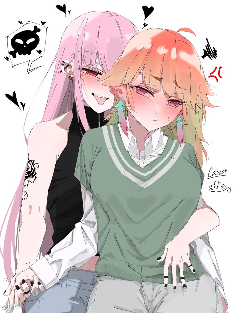Danbooru tags: 2girls absurdres alternate_costume anger_vein arm_around_waist arm_tattoo artist_logo artist_name bare_shoulders black_nails black_shirt blue_pants blunt_bangs blush brown_pants carrot_011 closed_mouth collared_shirt commentary ear_piercing earrings english_commentary engrish_commentary gradient_hair green_hair green_nails green_sweater heart highres holding_hands hololive hololive_english jewelry logo long_hair long_sleeves midriff_peek mori_calliope multicolored_hair multiple_earrings multiple_girls open_mouth orange_hair pants piercing pink_eyes pink_hair red_eyes shirt short_sleeves signature simple_background skull sleeveless sleeveless_shirt speech_bubble spoken_skull straight_hair sweat sweater takanashi_kiara tattoo tongue tongue_out twitter_username two-tone_hair v-neck virtual_youtuber white_background white_shirt yuri