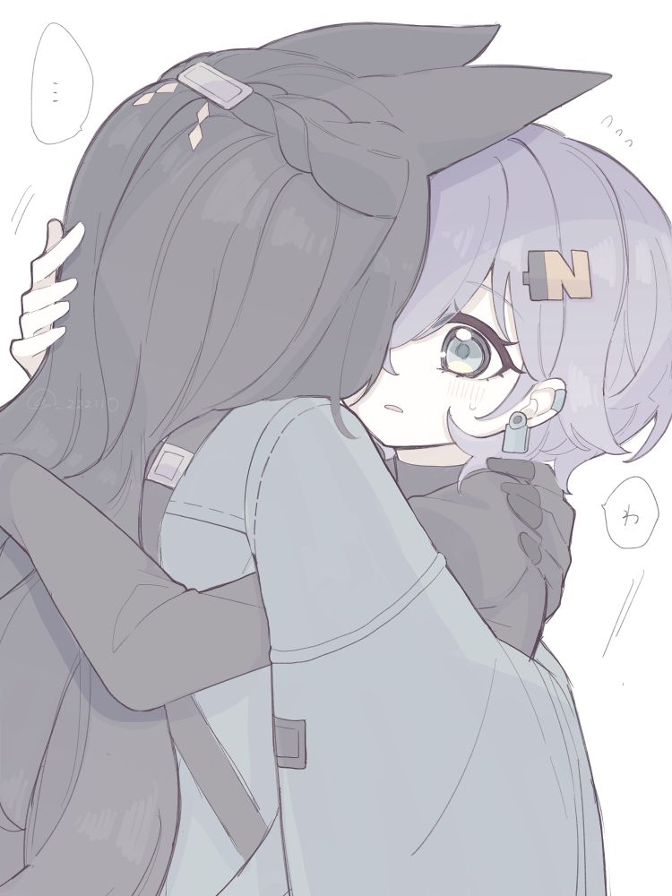 Danbooru tags: 2girls absurdres animal_ears bad_id bad_twitter_id belle_(zenless_zone_zero) black_hair blue_hair braid earrings fox_ears fox_girl green_eyes green_jacket hair_ornament half_up_braid highres hoshimi_miyabi hug jacket jewelry letter_hair_ornament long_hair looking_at_another multiple_girls pale_color yuri zenless_zone_zero zzzii0
