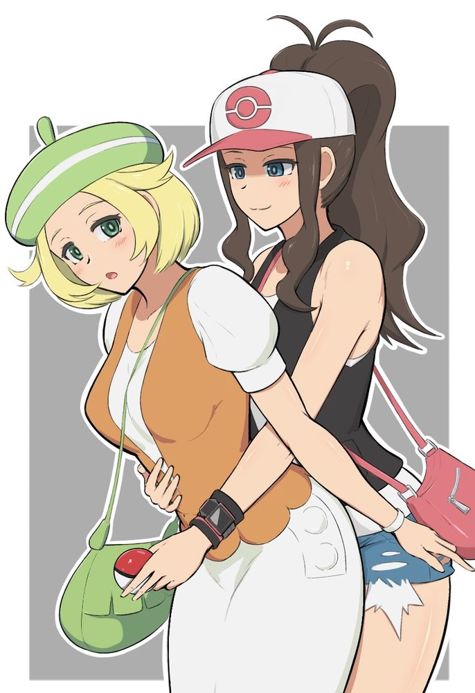 Danbooru tags: 2girls :o bag bare_shoulders baseball_cap bianca_(pokemon) black_vest blonde_hair blue_eyes blue_shorts blush breasts brown_hair closed_mouth commentary_request dress green_bag green_hair green_hat hat high_ponytail highres hilda_(pokemon) holding holding_poke_ball hug hug_from_behind ko_c long_hair looking_at_another multiple_girls open_mouth orange_vest poke_ball poke_ball_(basic) pokemon pokemon_bw ponytail red_bag shirt short_hair short_shorts shorts shoulder_bag sleeveless sleeveless_shirt smile vest white_dress white_hat white_shirt yuri