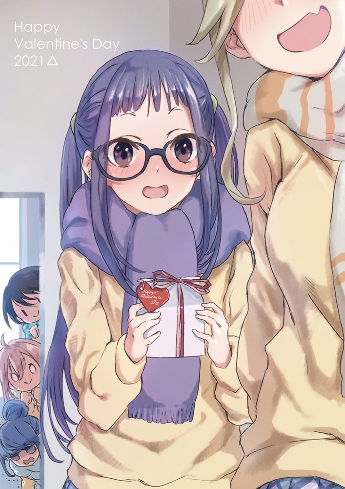Danbooru tags: 2021 5girls absurdres ahoge bad_id bad_pixiv_id black_hair blank_eyes blonde_hair blue_hair blush box brown_eyes commentary eyes_out_of_frame fang gift gift_box glasses hair_bun head_out_of_frame highres himejoshi indoors inuyama_aoi kagamihara_nadeshiko long_hair medium_hair michinoku_(hiking_miusan18) motosu_school_uniform multiple_girls oogaki_chiaki open_mouth peeking peeking_out pink_hair purple_hair saitou_ena scarf school school_uniform shima_rin short_hair single_hair_bun skin_fang skirt smile twintails valentine yuri yurucamp