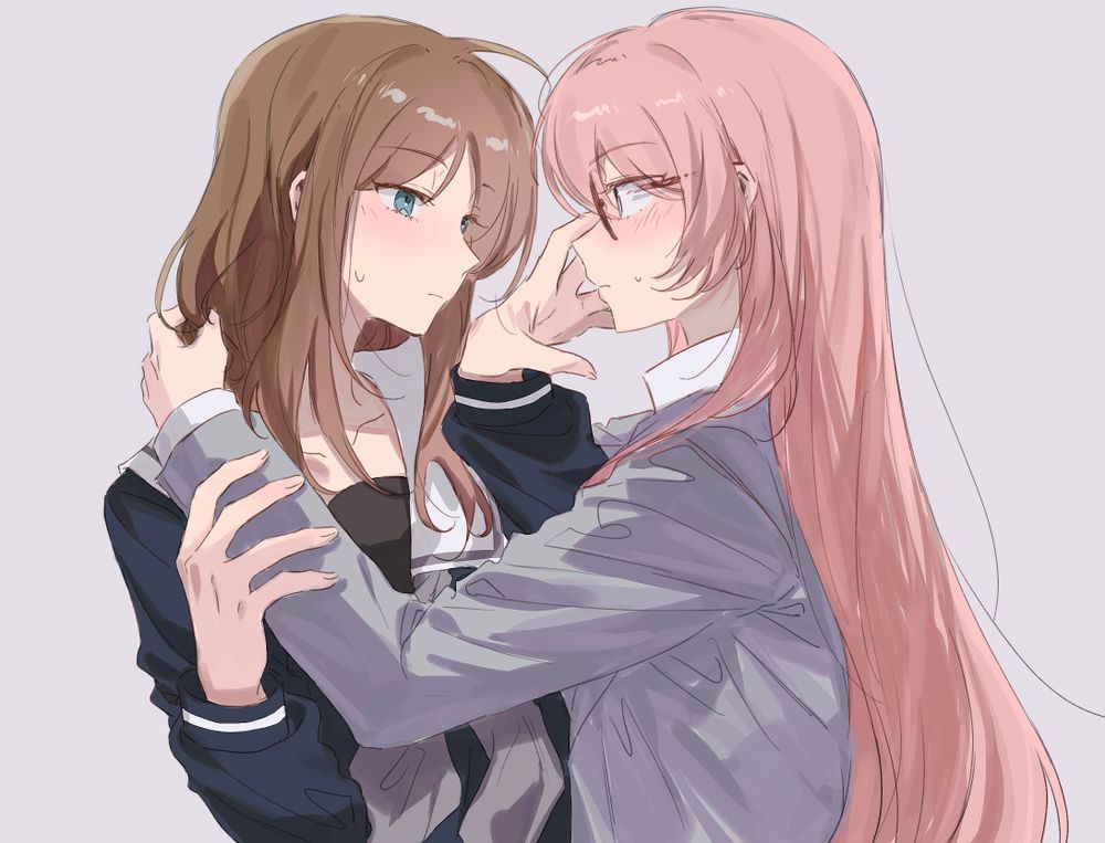 Danbooru tags: 2girls artist_request bang_dream! bang_dream!_it's_mygo!!!!! blue_eyes blue_shirt blush brown_hair chihaya_anon closed_mouth collarbone commission eye_contact glasses grey_background grey_eyes grey_jacket grey_neckerchief hair_between_eyes haneoka_school_uniform highres jacket long_hair long_sleeves looking_at_another multiple_girls nagasaki_soyo neckerchief pink_hair school_uniform second-party_source shirt sidelocks simple_background sweatdrop tsukinomori_school_uniform upper_body white_shirt yuri