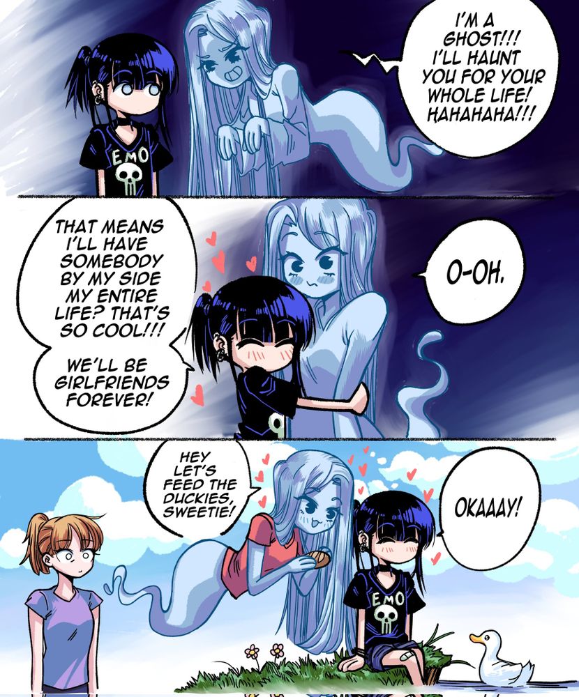 Danbooru tags: 3girls 3koma ^_^ bandaid bandaid_on_knee bandaid_on_leg bird black_choker black_hair black_shirt bread brown_hair choker closed_eyes clothes_writing comic commentary duck earrings emo-girl_(grs-) english_commentary english_text flower food ghost grass grs- heart highres jewelry long_hair multiple_girls no_mouth o_o original pink_shirt ponytail shirt short_hair short_hair_with_long_locks sitting t-shirt white_hair yuri