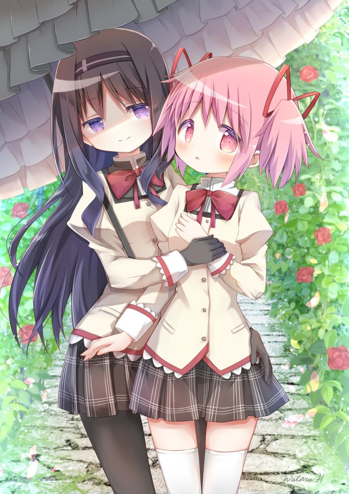 Danbooru tags: 2girls akemi_homura black_hair bow bowtie bush flower gloves hair_ribbon hairband hand_on_another's_hip highres hoshikage_wataru kaname_madoka long_sleeves looking_at_another mahou_shoujo_madoka_magica mahou_shoujo_madoka_magica:_walpurgis_no_kaiten mahou_shoujo_madoka_magica_(anime) mitakihara_school_uniform multiple_girls pantyhose pink_eyes pink_hair purple_eyes ribbon school_uniform shaded_face signature skirt twintails umbrella yuri zettai_ryouiki