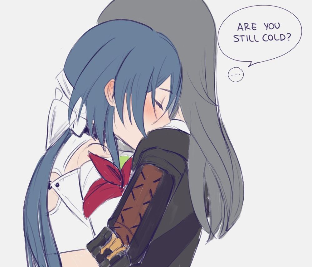 Danbooru tags: ... 2girls blue_hair blush closed_eyes english_text grey_background grey_hair hair_between_eyes honkai:_star_rail honkai_(series) hug iruyo jacket long_hair medium_hair multiple_girls natasha_(honkai:_star_rail) shirt simple_background speech_bubble standing stelle_(honkai:_star_rail) trailblazer_(honkai:_star_rail) yuri