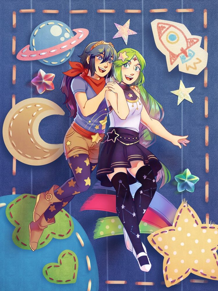 Danbooru tags: 2girls absurdres blue_eyes blue_hair blush commentary constellation_print dress english_commentary fire_emblem fire_emblem_awakening frogbians full_body green_eyes green_hair highres kid_icarus long_hair looking_at_viewer lucina_(fire_emblem) multiple_girls open_mouth palutena pantyhose shorts simple_background smile star_(symbol) star_print super_smash_bros. thighhighs tiara very_long_hair yuri