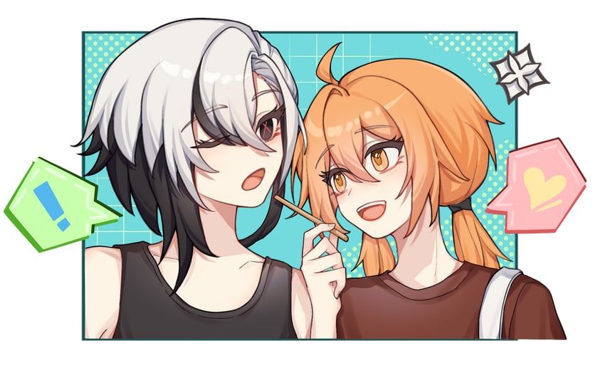 Danbooru tags: ! 2girls ahoge arlecchino_(genshin_impact) bare_shoulders black_shirt brown_shirt chinese_commentary collarbone commission contemporary couple food genshin_impact grey_hair hair_between_eyes hand_up happy heart highres holding holding_food holding_pocky leaning_on_person leaning_to_the_side liuboyi33444 long_hair looking_at_another looking_to_the_side low_twintails multicolored_background multicolored_hair multiple_girls oc_x_canon one_eye_closed open_mouth orange_eyes orange_hair original pocky red_pupils shirt short_hair sleeveless sleeveless_shirt spoken_exclamation_mark spoken_heart streaked_hair symbol-shaped_pupils teeth twintails upper_teeth_only x-shaped_pupils yuri