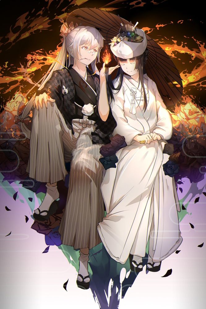 Danbooru tags: 2girls absurdres alternate_costume bespectacled black_flower black_haori black_kimono black_rose blunt_bangs checkered_clothes checkered_haori commentary_request fire flower flower_knot folding_fan fujiwara_no_mokou full_body geta glasses grey_hakama hair_between_eyes hakama hand_fan hand_in_own_hair haori haori_himo hat highres holding holding_fan houraisan_kaguya japanese_clothes kimono luomo montsuki mouth_hold multiple_girls obi obijime oil-paper_umbrella photoshop_(medium) pince-nez pom_pom_(clothes) ponytail red_eyes rose sash shiromuku smile striped_clothes tabi touhou tsunokakushi uchikake umbrella vertical-striped_clothes vertical-striped_hakama white_hat white_kimono wife_and_wife yuri