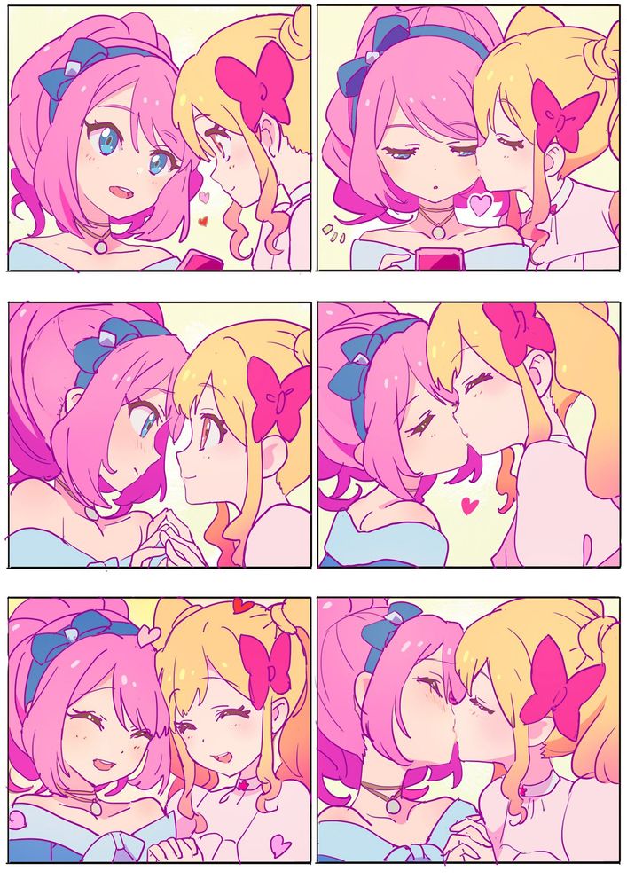 Danbooru tags: 2girls ^_^ aikatsu!_(series) aikatsu_stars! bare_shoulders blonde_hair blue_bow blue_eyes blue_hairband blush bow closed_eyes closed_mouth commentary_request daisuki_(piroshikis1) eye_contact gradient_hair hair_bow hairband half-closed_eyes heads_together heart highres jewelry kiss kiss_day kissing_cheek long_hair looking_at_another multicolored_hair multiple_girls multiple_views necklace nijino_yume notice_lines open_mouth pink_hair ponytail profile red_bow sakuraba_rola sequential sidelocks smile twintails twintails_with_hair_base upper_body white_background yuri