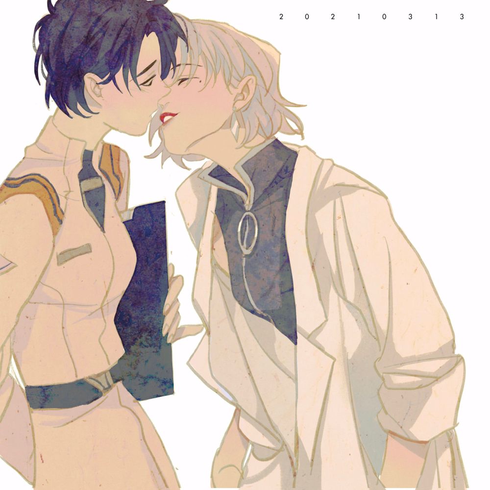 Danbooru tags: 2girls akagi_ritsuko arm_behind_back clipboard closed_eyes commentary earrings highres holding holding_clipboard ibuki_maya imminent_kiss jacket jewelry lab_coat luoman19921 mole mole_under_eye multiple_girls neon_genesis_evangelion purple_hair red_lips short_hair simple_background symbol-only_commentary uniform white_hair white_jacket yuri