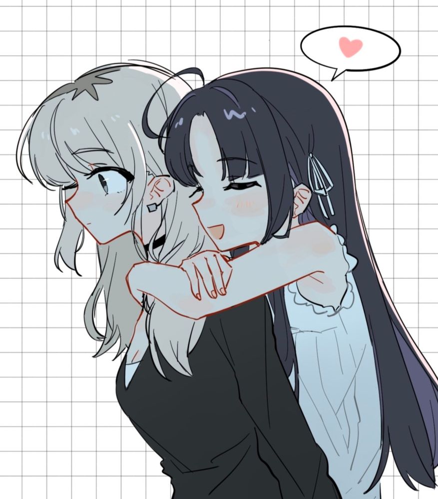 Danbooru tags: 2girls ahoge awa_subaru black_choker black_hair black_sweater breasts choker cleavage closed_eyes closed_mouth commentary earclip frilled_shirt frills girls_band_cry grey_eyes grey_hair grid_background hair_ribbon heart highres hug hug_from_behind kawaragi_momoka long_hair medium_breasts multicolored_hair multiple_girls open_mouth parted_bangs ribbon roots_(hair) seiku shirt sidelocks sleeveless sleeveless_shirt spoken_heart sweater upper_body white_ribbon white_shirt yuri