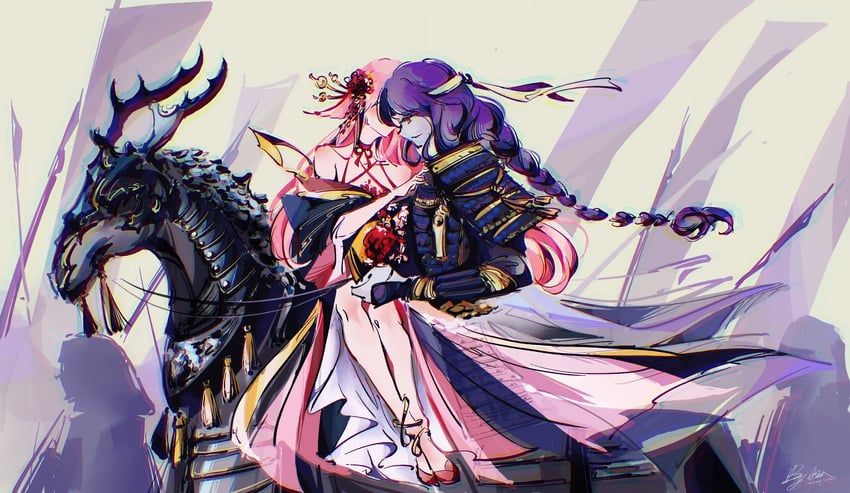 Danbooru tags: 2girls animal_ears armor artist_name bare_shoulders blunt_bangs braid chinese_commentary closed_mouth collarbone couple fake_horns from_side genshin_impact hair_ornament hands_up headband highres holding horns horse japanese_armor japanese_clothes light_blush light_smile long_braid long_hair looking_down multiple_girls off_shoulder pink_hair purple_eyes purple_hair raiden_shogun signature single_braid sitting sitting_on_person slippers yae_miko yuri yuru4086