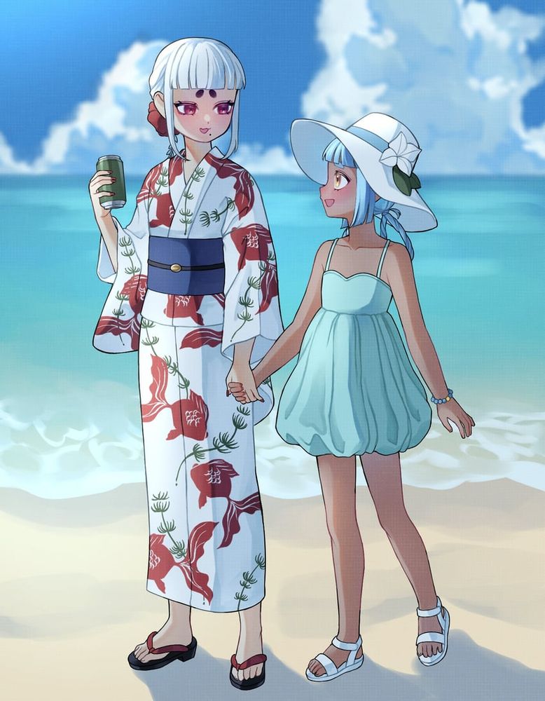 Danbooru tags: 2girls age_difference animal_print beach bead_bracelet beads blue_dress blue_hair blue_sash blue_sky bracelet can cloud cloudy_sky cumulonimbus_cloud dark-skinned_female dark_skin day dress fish_print hair_rings hat highres holding holding_can holding_hands japan_(kuroussa) japanese_clothes jewelry kimono kuroussa looking_at_another mole mole_under_mouth multiple_girls obi ocean onee-loli original outdoors palau palau_(kuroussa) personification pink_eyes sash short_eyebrows sky smile summer sun_hat white_hair white_kimono yellow_eyes yuri
