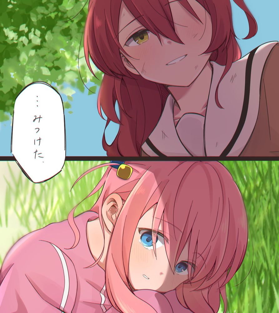 Danbooru tags: 2girls 2koma blue_eyes bocchi_the_rock! chromatic_aberration comic commentary cube_hair_ornament day gotoh_hitori grass hair_between_eyes hair_ornament highres jacket kita_ikuyo long_hair multiple_girls nukazuke_(kzhto) one_side_up outdoors pink_hair pink_jacket red_hair sailor_collar school_uniform shuka_high_school_uniform speech_bubble tears track_jacket translated tree white_sailor_collar yellow_eyes yuri