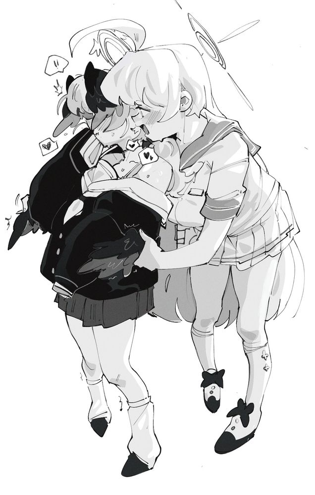 Danbooru tags: ! 2girls ahoge blue_archive blush grabbing_another's_wing greyscale halo hanako_(blue_archive) head_wings heart highres kinzaibatsu91 kneehighs koharu_(blue_archive) leaning_forward long_hair looking_at_another low_wings monochrome multiple_girls off_shoulder open_mouth shirt short_sleeves simple_background skirt sleeves_past_fingers sleeves_past_wrists socks spoken_exclamation_mark spoken_heart standing very_long_hair white_background wings yuri