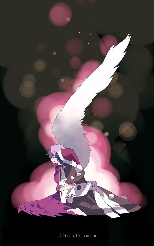 Danbooru tags: 2girls artist_name barefoot black_background blue_hair closed_eyes dated doremy_sweet dress grey_hair hat highres hug hug_from_behind kishin_sagume multiple_girls namauni nightcap open_mouth pom_pom_(clothes) short_hair single_wing sitting smile touhou wings yuri