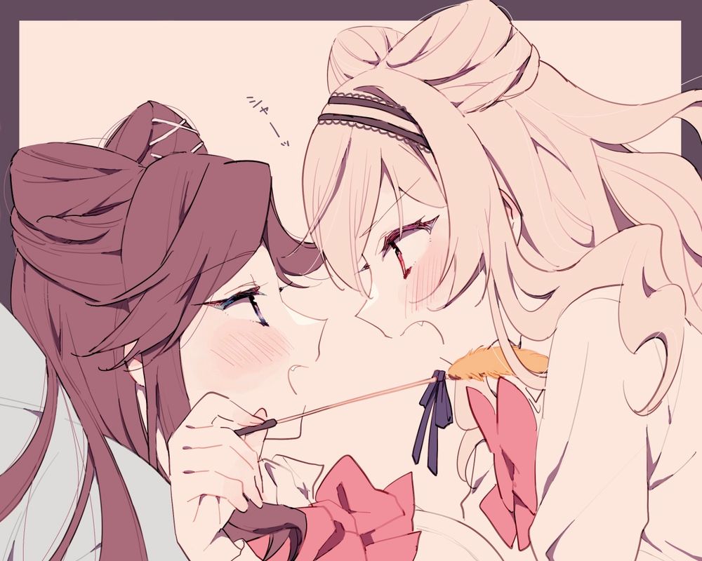 Danbooru tags: 2girls alternate_hairstyle black_border black_hairband blonde_hair blush border bow bowtie breasts brown_background brown_hair cat_teaser collared_shirt cone_hair_bun double_bun eye_contact face-to-face fang from_side girl_on_top hair_between_eyes hair_bun hair_ornament hair_spread_out hairband hand_up holding long_hair long_sleeves looking_at_another lying medium_breasts multiple_girls on_back open_mouth outside_border pillow profile purple_eyes red_bow red_bowtie red_eyes saijou_claudine school_uniform seishou_music_academy_uniform shirt shoujo_kageki_revue_starlight sidelocks simple_background smile tendou_maya upper_body v-shaped_eyebrows wato_(ko) wavy_hair white_shirt x_hair_ornament yuri