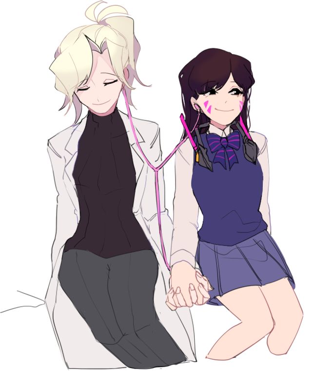 Danbooru tags: 2girls black_sweater blonde_hair bow bowtie brown_hair closed_eyes closed_mouth commentary cropped_legs d.va_(overwatch) earphones facial_mark facing_viewer headphones headphones_around_neck holding_hands interlocked_fingers lab_coat long_hair long_sleeves mercy_(overwatch) multiple_girls mwo_imma_hwag overwatch overwatch_1 pants pleated_skirt ponytail purple_bow purple_bowtie ribbed_sweater school_uniform shared_earphones shirt simple_background sitting skirt smile striped_bow striped_bowtie striped_clothes sweater turtleneck whisker_markings white_background yuri