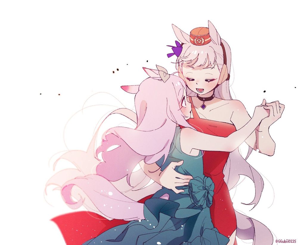 Danbooru tags: 2girls alternate_costume animal_ears arm_around_back bare_shoulders blue_eyes breasts closed_eyes commentary_request dress ggubii0225 gold_ship_(umamusume) green_dress hat holding_hands horse_ears horse_girl horse_tail long_hair looking_at_another medium_breasts mejiro_mcqueen_(umamusume) multiple_girls official_alternate_costume open_mouth pendant_choker red_dress sleeveless sleeveless_dress smile tail tail_through_clothes twitter_username umamusume upper_body white_background yuri