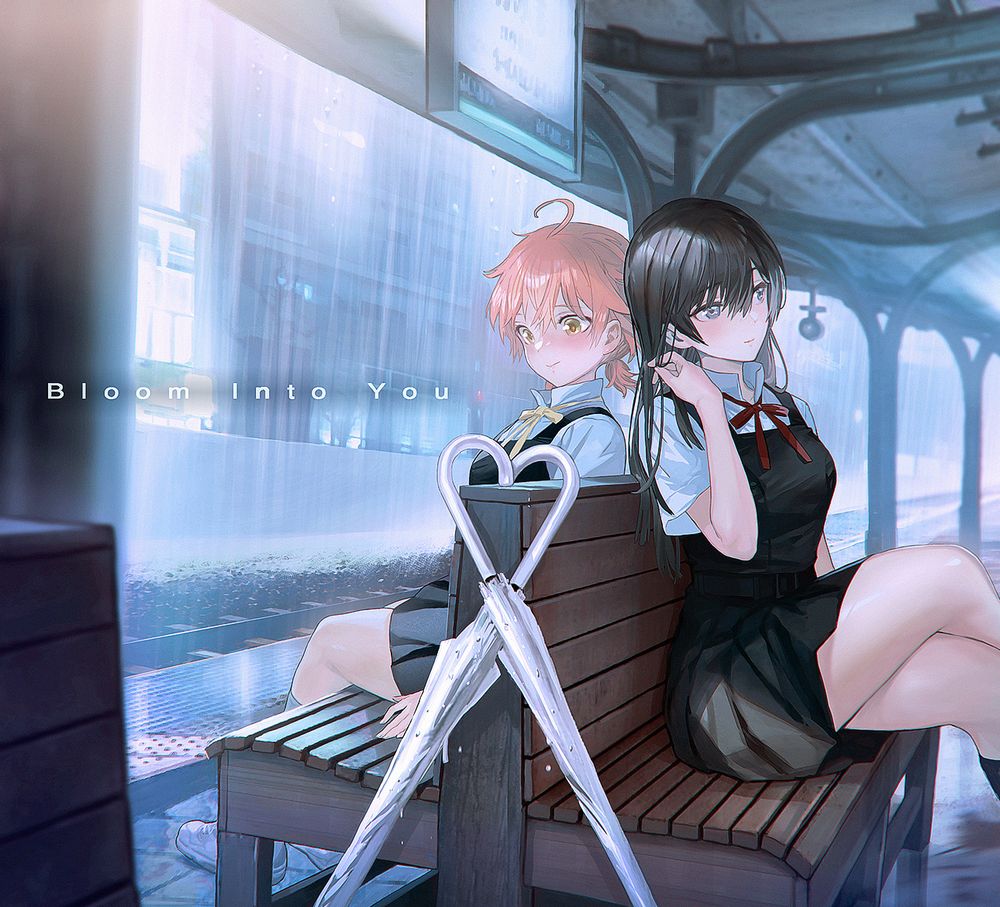 Danbooru tags: 2girls ahoge back-to-back black_hair chair collared_shirt commentary_request copyright_name crossed_legs dress hand_in_own_hair heart koito_yuu maeshima_shigeki multiple_girls nanami_touko orange_hair pinafore_dress rain school_uniform shirt short_sleeves sitting sleeveless sleeveless_dress smile taking_shelter train_station umbrella yagate_kimi_ni_naru yuri