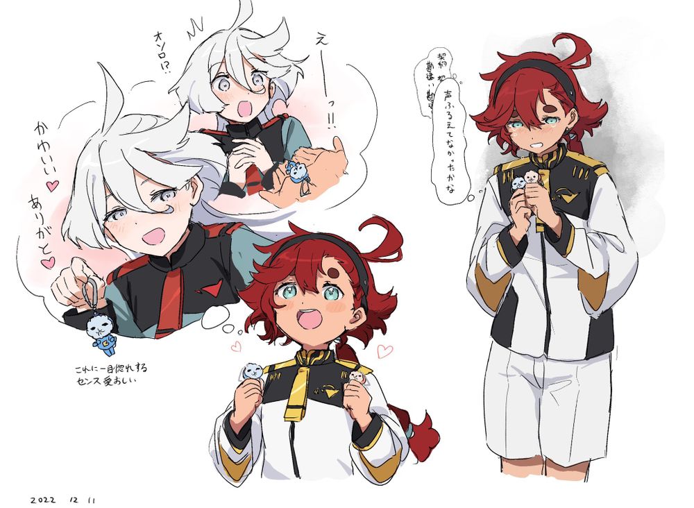 Danbooru tags: 2girls ahoge asticassia_school_uniform charm_(object) commentary cool_(gundam_suisei_no_majo) dated green_eyes grey_eyes gundam gundam_suisei_no_majo hairband highres hots_(gundam_suisei_no_majo) imagining light_blush long_hair miorine_rembran multiple_girls necktie open_mouth ponytail red_hair school_uniform shoulder_boards simple_background smile suletta_mercury surprised takatisakana teeth thick_eyebrows upper_teeth_only white_background white_hair yuri