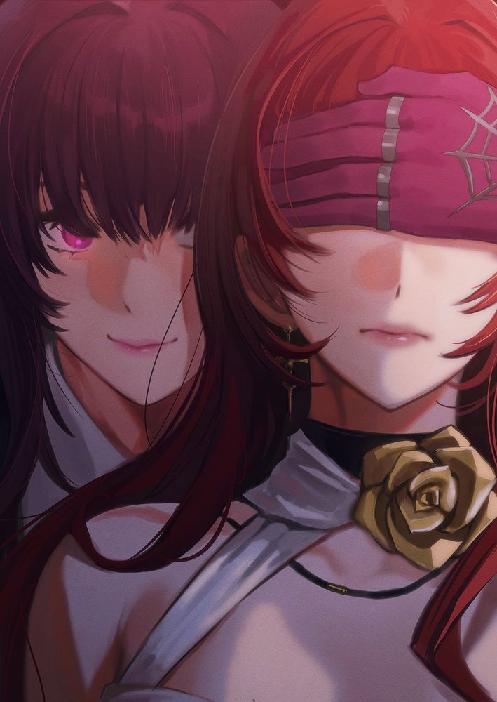 Danbooru tags: 2girls bare_shoulders black_shorts closed_mouth covered_eyes dessertparty dress flower flower_ornament gloves golden_rose hand_over_another's_eyes highres himeko_(honkai:_star_rail) honkai:_star_rail honkai_(series) kafka_(honkai:_star_rail) long_hair multiple_girls purple_gloves purple_hair red_hair rose shorts smile white_dress yellow_flower yuri