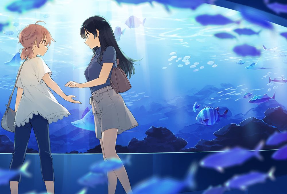 Danbooru tags: 2girls ahoge animal aquarium arm_at_side backpack bag beckoning black_hair blouse blue_eyes blue_pants blue_shirt blurry blurry_foreground breasts brown_eyes brown_hair capri_pants commentary_request cover_image damselfish depth_of_field eye_contact fish from_side grey_shorts koito_yuu light_rays long_hair looking_at_another low_twintails medium_breasts multiple_girls nakatani_nio nanami_touko official_art open_hand orange_eyes orange_hair outstretched_hand pants partial_commentary profile school_of_fish shirt short_hair short_sleeves short_twintails shorts shoulder_bag standing stingray tropical_fish twintails white_shirt yagate_kimi_ni_naru yuri