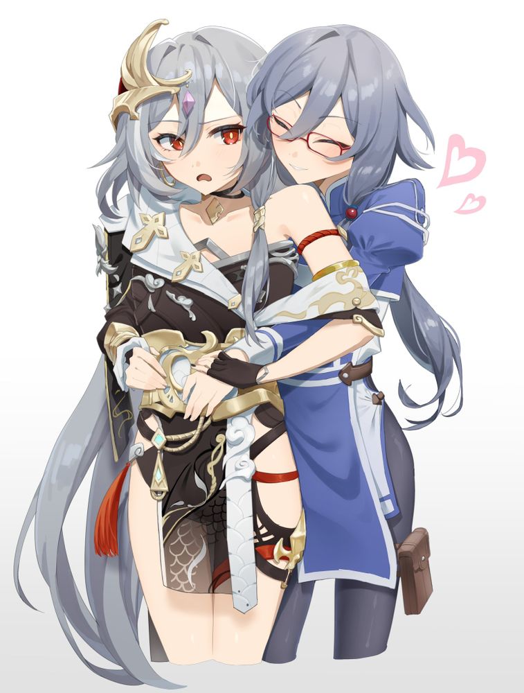Danbooru tags: 2girls black_choker black_dress black_pants blue_shirt choker closed_eyes commentary_request dress fu_hua fu_hua_(valkyrie_accipiter) glasses grey_hair hair_between_eyes heart herrscher_of_sentience highres honkai_(series) honkai_impact_3rd hug hug_from_behind juliet_sleeves long_hair long_sleeves multiple_girls open_mouth pants puffy_sleeves ramao24 red-framed_eyewear red_eyes shirt single_bare_shoulder very_long_hair yellow_pupils yuri