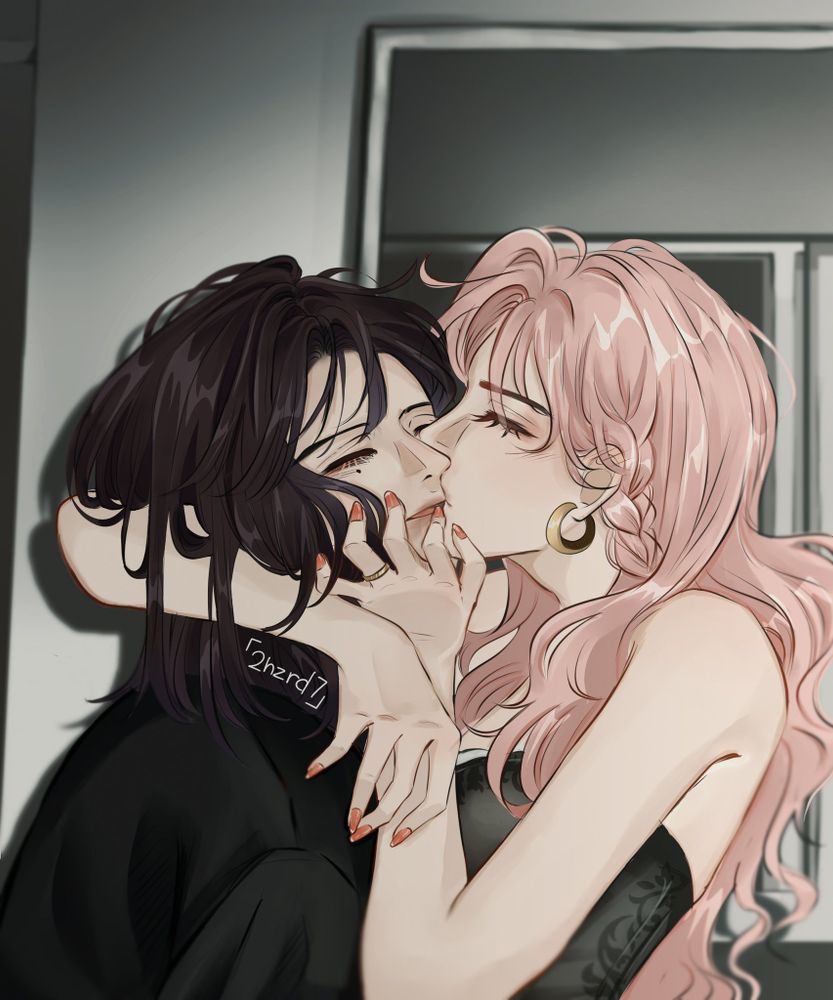 Danbooru tags: 2girls 2hzrd7 arm_around_neck artist_name black_hair black_shirt blush braid closed_eyes commentary ear_blush earrings english_commentary hand_on_another's_chin highres hoop_earrings jewelry kininatteru_hito_ga_otoko_ja_nakatta kiss koga_mitsuki long_hair medium_hair mole mole_under_eye multiple_girls oosawa_aya pink_hair red_nails ring shirt side_braid strapless upper_body wavy_hair yuri