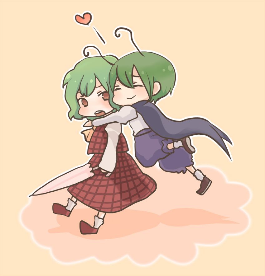 Danbooru tags: 2girls antennae ascot bad_id bad_pixiv_id blush cape chibi closed_umbrella glomp green_hair hug kazami_yuuka konbu_ame multiple_girls plaid_clothes plaid_skirt plaid_vest red_eyes short_hair skirt skirt_set touhou umbrella vest wings wriggle_nightbug yuri