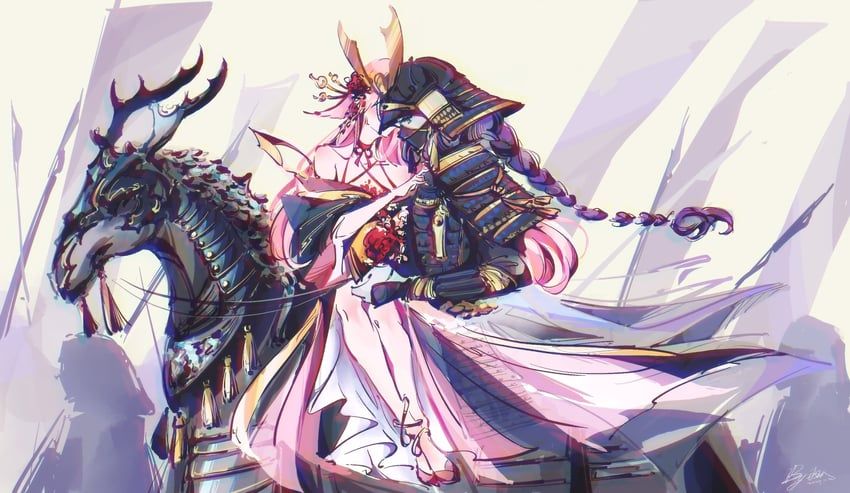 Danbooru tags: 2girls animal_ears armor artist_name bare_shoulders blunt_bangs braid chinese_commentary closed_mouth collarbone couple fake_horns from_side genshin_impact hair_ornament hands_up headband helmet highres holding horns horse japanese_armor japanese_clothes kabuto_(helmet) light_blush light_smile long_braid long_hair looking_down multiple_girls off_shoulder pink_hair purple_eyes purple_hair raiden_shogun signature single_braid sitting sitting_on_person slippers yae_miko yuri yuru4086