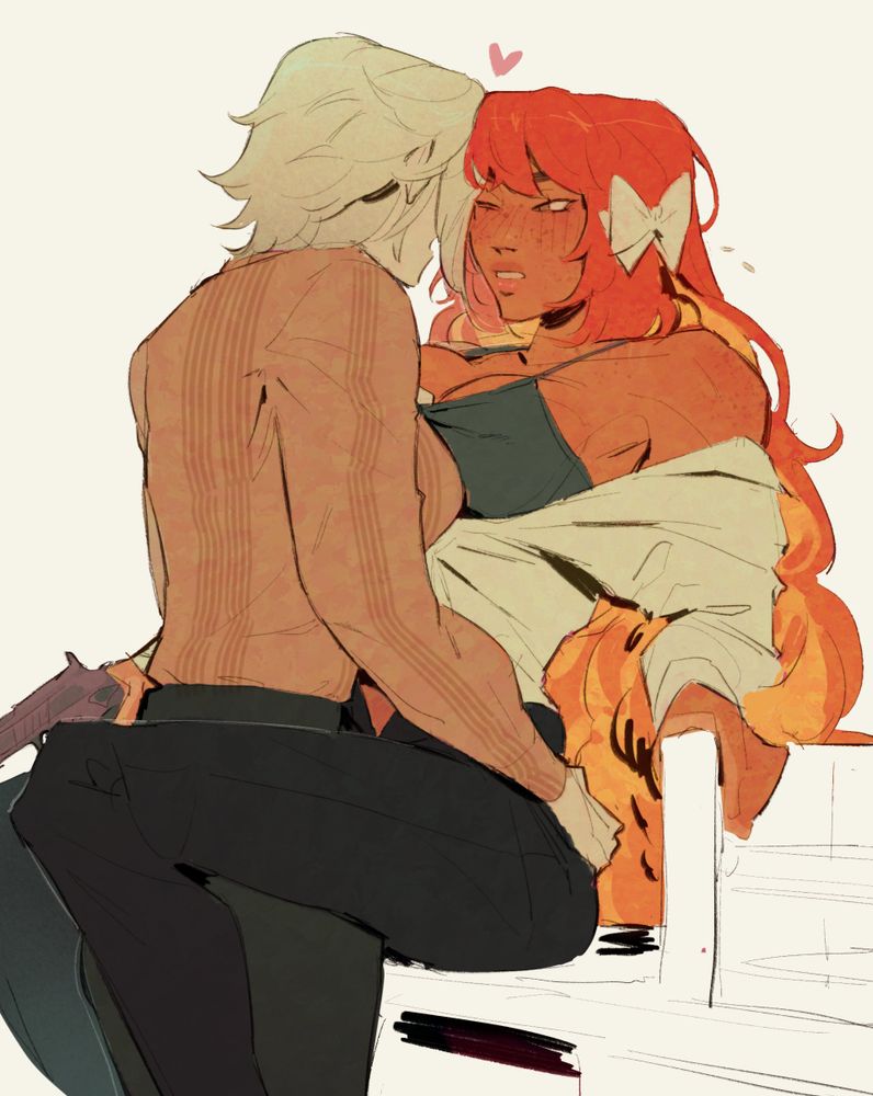 Danbooru tags: 2400db 2girls absurdres alternate_skin_color black_skirt blonde_hair blush bow breasts brown_eyes camisole cleavage clenched_teeth couple dark-skinned_female dark_skin eye_contact faust_(project_moon) freckles green_camisole gun hair_bow handgun hands_on_another's_waist heart highres holding holding_gun holding_weapon interracial ishmael_(project_moon) limbus_company long_hair looking_at_another medium_breasts medium_hair multicolored_hair multiple_girls open_clothes open_mouth open_shirt orange_hair orange_sweater partially_unbuttoned pencil_skirt project_moon red_hair simple_background skirt sweater sweater_tucked_in teeth two-tone_hair weapon white_background white_bow yuri