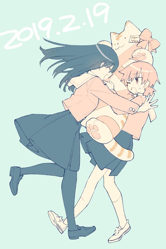 Danbooru tags: 2girls ahoge birthday black_hair black_skirt blue_background closed_eyes commentary dated full_body gift hug koito_yuu long_hair multiple_girls nakatani_nio nanami_touko official_art orange_eyes orange_hair orange_shirt pantyhose school_uniform shirt shoes short_hair simple_background skirt sneakers socks stuffed_animal stuffed_cat stuffed_toy thighhighs tohmi_higashi_high_school_uniform yagate_kimi_ni_naru yuri