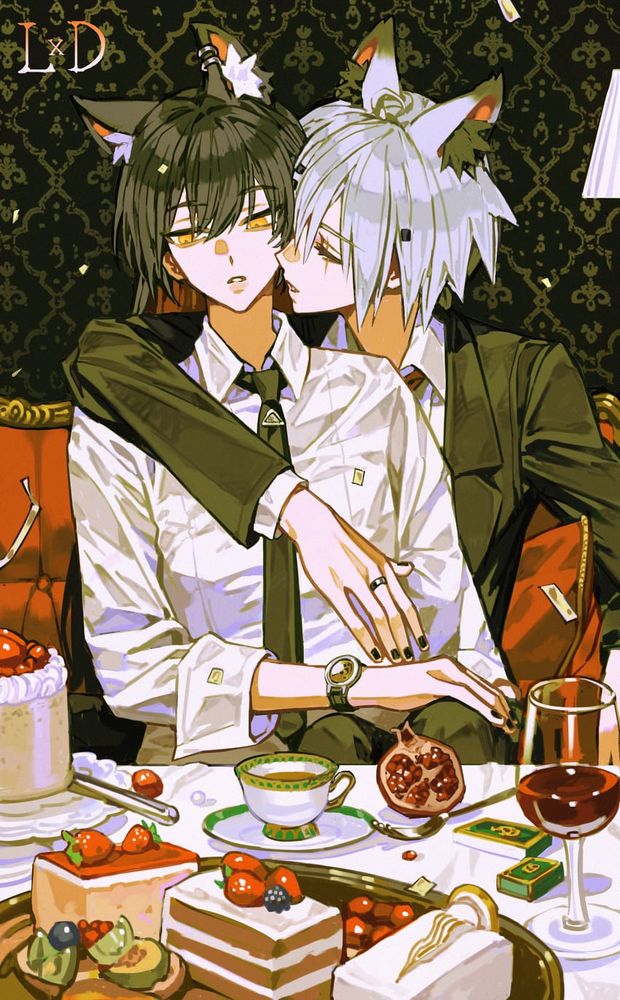 Danbooru tags: 2girls absurdres alternate_hair_length alternate_hairstyle animal_ear_fluff animal_ears arknights arm_around_neck black_hair black_jacket black_nails cake cake_slice chinese_commentary collared_shirt commentary_request couch cup drinking_glass food fruit grey_hair hair_between_eyes hair_ornament hairclip hand_on_own_knee highres imminent_kiss indoors jacket jewelry jira lappland_(arknights) long_hair long_sleeves looking_down multiple_girls nail_polish on_couch plate pomegranate ring scar scar_across_eye scar_on_face shirt short_hair sitting strawberry table tea teacup texas_(arknights) watch white_shirt wine_glass wolf_ears wolf_girl wristwatch yellow_eyes yuri