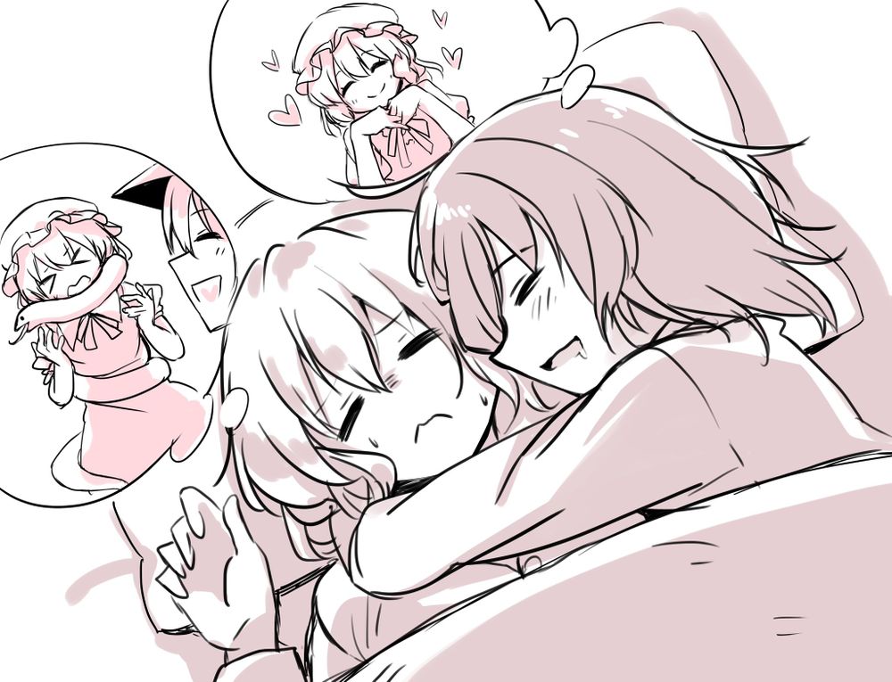 Danbooru tags: 2girls 3: blush dreaming drooling hat heart highres hug kinese_(katasutorohu) laughing maribel_hearn mob_cap multiple_girls neck_ribbon pajamas pillow pov_dating ribbon short_hair sketch sleeping snake strangling touhou under_covers upper_body usami_renko yuri