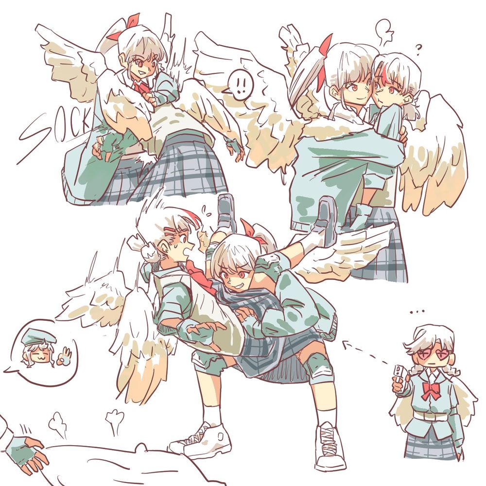Danbooru tags: ! !! 4girls aiming angel_wings anjuro_zeeku chiyo_(love-bullet) ena_(love-bullet) english_commentary fingerless_gloves gloves gun heart heart-shaped_eyewear highres holding holding_gun holding_weapon hug kanna_(love-bullet) knee_pads koharu_(love-bullet) long_hair love-bullet multiple_girls open_mouth powerbomb red-tinted_eyewear red_streaks school_uniform shoes short_hair simple_background skirt smile sneakers spoken_exclamation_mark sunglasses tinted_eyewear weapon white_background white_hair wings yuri