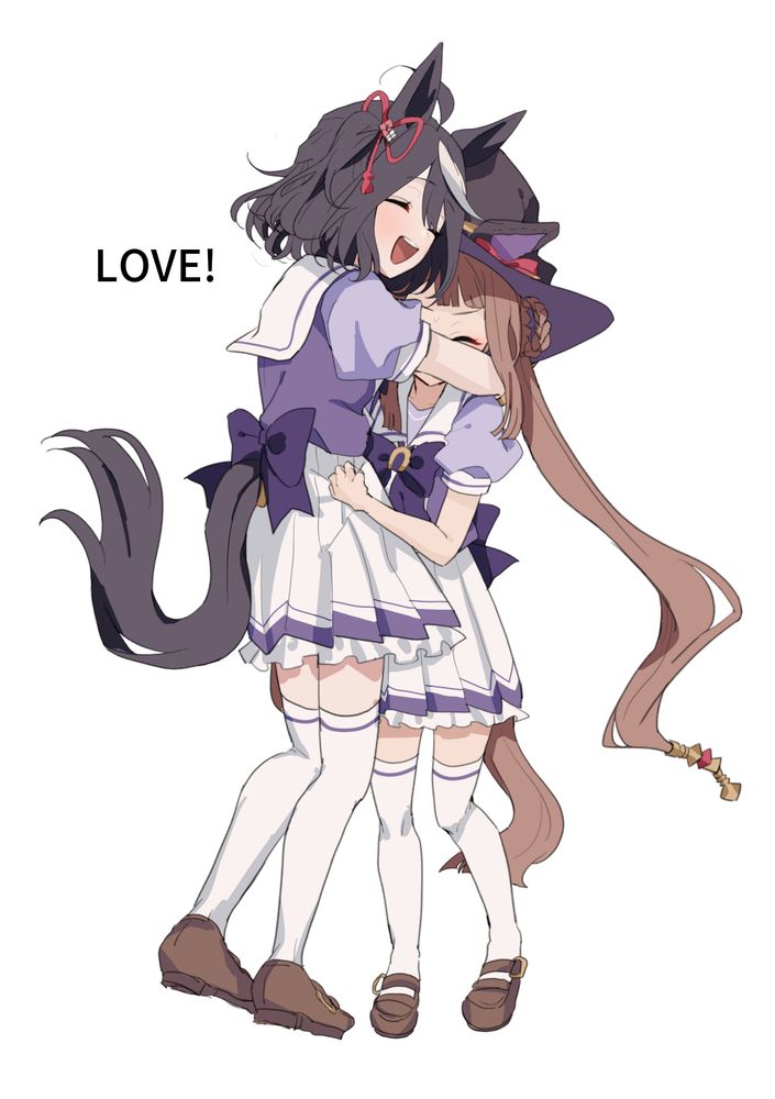 Danbooru tags: 2girls :d absurdres animal_ears black_hair brown_hair closed_eyes commentary hat highres horse_ears horse_girl horse_tail hug kitasan_black_(umamusume) loafers long_hair multicolored_hair multiple_girls pleated_skirt school_uniform shoes simple_background skirt smile streaked_hair summer_uniform sweep_tosho_(umamusume) tail tarako thighhighs tracen_school_uniform trimmed_tail twintails umamusume very_long_hair white_background white_hair white_skirt white_thighhighs witch_hat yuri