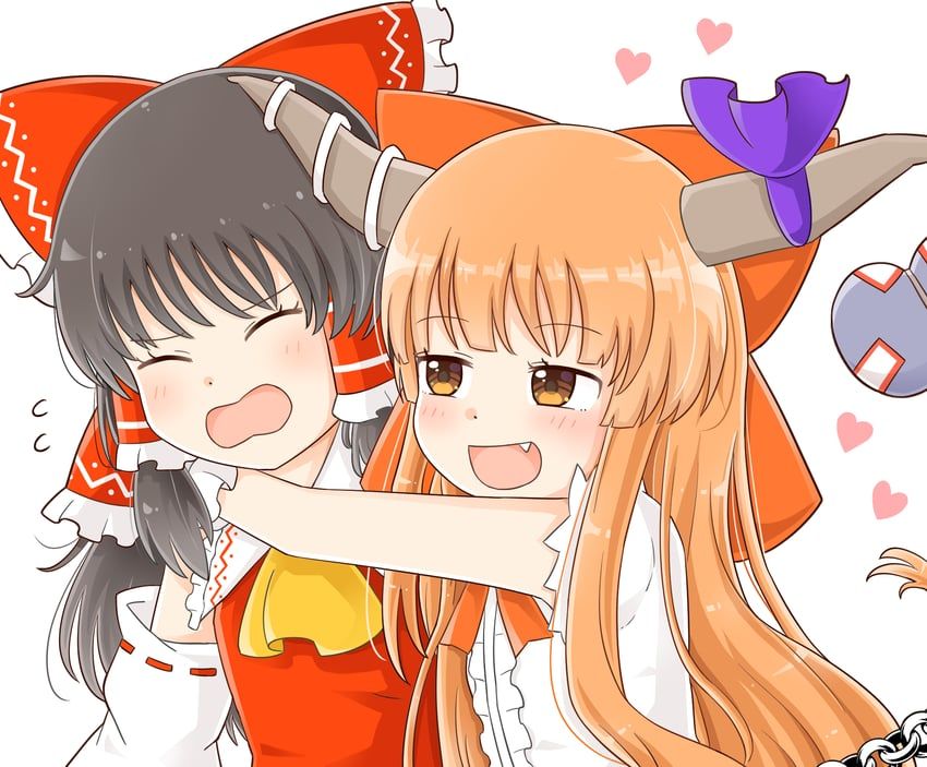 Danbooru tags: 2girls ascot blush bow brown_hair center_frills chain closed_eyes commentary detached_sleeves fang frilled_bow frilled_hair_tubes frills gourd hair_bow hair_tubes hakurei_reimu heart highres horn_ornament horn_ribbon horns hug ibuki_suika long_hair multiple_girls oni open_mouth orange_eyes orange_hair red_bow ribbon ribbon-trimmed_sleeves ribbon_trim rozugadena shirt smile torn_clothes torn_sleeves touhou white_shirt yellow_ascot yuri
