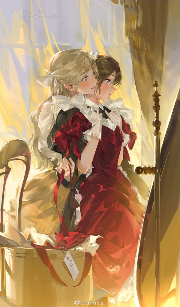 Danbooru tags: 2girls absurdres artist_name bad_id bad_weibo_id black_dress blonde_hair blue_eyes blush box brown_hair chinese_commentary clothes_in_front curtains dress english_text gift gift_box gloves green_eyes hair_ribbon highres holding holding_ribbon holding_unworn_clothes holding_unworn_dress indoors long_hair long_sleeves looking_at_mirror maid master_and_servant mirror multiple_girls open_mouth original parted_bangs parted_lips red_dress ribbon rrr_(reason) unworn_dress victorian victorian_maid watermark weibo_watermark white_gloves window yuri