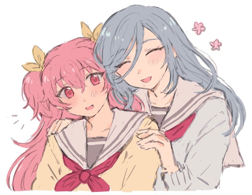 Danbooru tags: 2girls ^_^ arms_at_sides bad_id bad_pixiv_id blue_hair blush closed_eyes collarbone commentary english_commentary fang flower front-to-back hair_between_eyes hands_on_another's_shoulders highres hinomori_shizuku long_hair long_sleeves looking_at_another miyamasuzaka_girls'_academy_school_uniform momoi_airi multiple_girls musical_note neckerchief open_mouth pink_flower pink_hair project_sekai red_eyes red_neckerchief sailor_collar sana5353 school_uniform simple_background smile sweater two_side_up upper_body white_background white_sailor_collar white_sweater yellow_sweater yuri