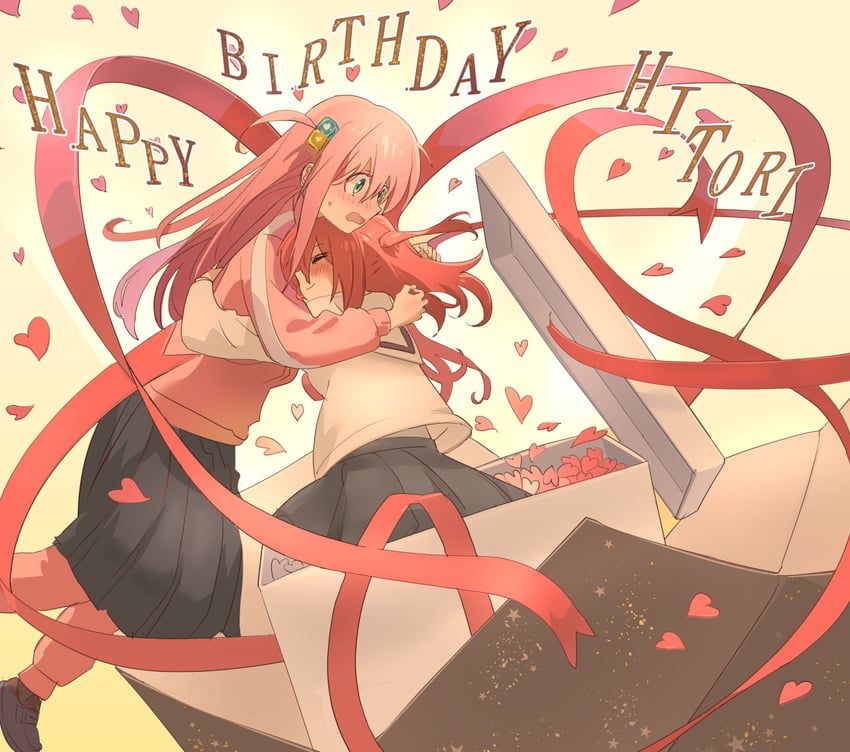 Danbooru tags: 2girls blush bocchi_the_rock! box closed_eyes cube_hair_ornament gift gift_box gotoh_hitori green_eyes hair_ornament happy_birthday heart highres hug jacket kita_ikuyo kyarahiba long_hair multiple_girls pink_hair red_hair school_uniform simple_background skirt smile surprised track_jacket yuri