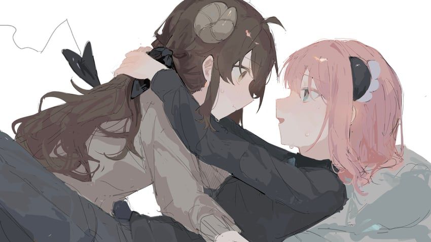 Danbooru tags: 2girls absurdres akuruhi0 arms_around_neck bad_id bad_pixiv_id black_shirt blue_eyes blush brown_eyes brown_hair chiyoda_momo closed_mouth eye_contact fang girl_on_top grey_sweater hand_blush highres horns long_hair long_sleeves looking_at_another machikado_mazoku medium_hair multiple_girls parted_lips pillow pink_hair shirt simple_background skin_fang sweatdrop sweater tail white_background yoshida_yuuko_(machikado_mazoku) yuri
