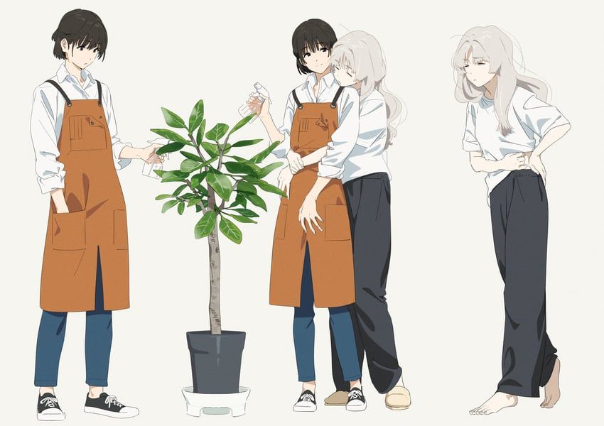 Danbooru tags: 2girls apron baggy_pants barefoot black_eyes black_hair black_pants black_shoes blue_pants bottle closed_eyes clothes_lift collared_shirt commentary full_body grey_hair hand_in_pocket hand_on_own_hip hand_on_own_stomach highres holding hug hug_from_behind k_(kamo_kamen) kamo_kamen lifting_own_clothes long_hair long_sleeves looking_at_another looking_at_object m_(kamo_kamen) midriff_peek multiple_girls orange_apron original pants parted_bangs plant potted_plant shirt shirt_lift shoes short_hair short_sleeves simple_background sleeves_rolled_up slippers smile spray_bottle white_background white_shirt yuri