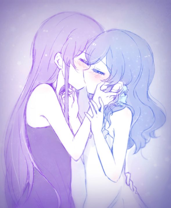 Danbooru tags: 2girls aikatsu! aikatsu!_(series) alternate_hairstyle blush closed_eyes commentary_request couple dress from_side hair_down hand_on_another's_cheek hand_on_another's_chin hand_on_another's_face hand_on_another's_hip kiriya_aoi kiss long_hair monochrome multiple_girls nae_(rno) profile shibuki_ran simple_background very_long_hair yuri