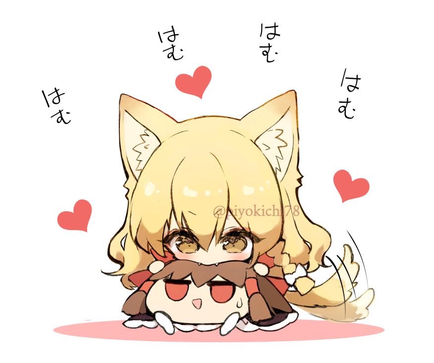 Danbooru tags: 2girls animal_ear_fluff animal_ears biting biting_head blonde_hair bow braid brown_hair cat_ears cat_girl cat_tail chibi chibi_only commentary fangs hair_bow hair_tubes hakurei_reimu heart kemonomimi_mode kirisame_marisa multiple_girls piyokichi red_bow red_eyes side_braid signature simple_background single_braid sweatdrop tail tail_wagging touhou translated twitter_username white_background white_bow yellow_eyes yukkuri_shiteitte_ne yuri