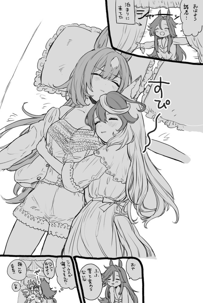 Danbooru tags: 3girls :d ^_^ animal_ears arm_around_waist breasts camisole closed_eyes comic commentary_request dress greyscale head_on_chest highres horse_ears horse_girl horse_tail hug large_breasts long_hair lying monochrome multicolored_hair multiple_girls multiple_views on_back on_side pajamas pillow raraoa_(lalaoa) shared_bed sirius_symboli_(umamusume) smile speed_symboli_(umamusume) streaked_hair symboli_rudolf_(umamusume) tail tail_through_clothes translation_request umamusume yuri