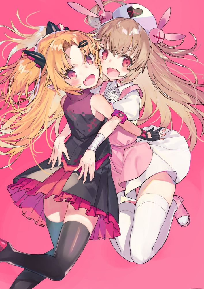 Danbooru tags: 2girls akatsuki_uni apron armband armpit_crease bandages black_gloves black_thighhighs blonde_hair blush brown_hair collared_shirt commentary fang fingerless_gloves from_behind gloves hair_ornament hat heart highres kikkaiki long_hair looking_at_viewer looking_back miniskirt multiple_girls natori_sana natori_sana_(nurse) nurse_cap open_mouth pink_apron pink_hat pink_sandals pointy_ears puffy_short_sleeves puffy_sleeves rabbit_hair_ornament red_eyes red_skirt sana_channel sandals shirt short_sleeves skirt sleeveless smile thighhighs thighs two_side_up uni_create virtual_youtuber white_thighhighs yuri zettai_ryouiki